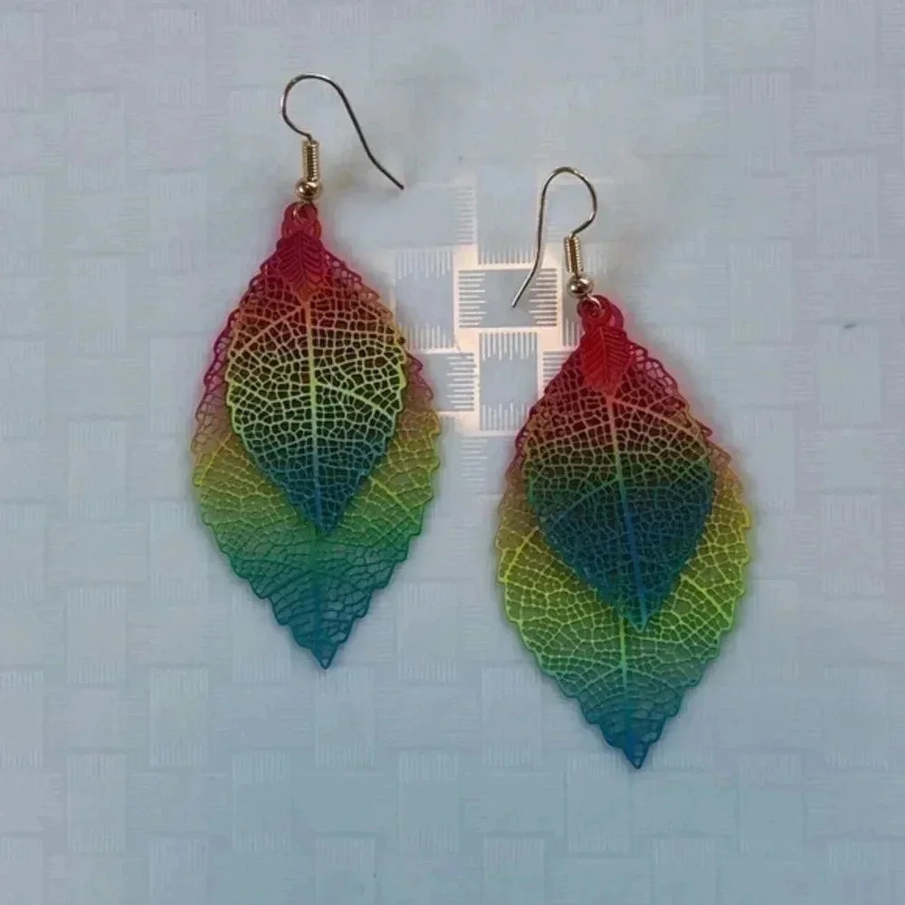 Neon Ombré Double Leaf Fashion Earrings NWT